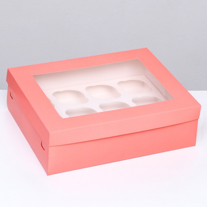 Упаковка под 12 капкейков с окном, розовая, 32,5 х 25,5 х 10 см - Фото 1