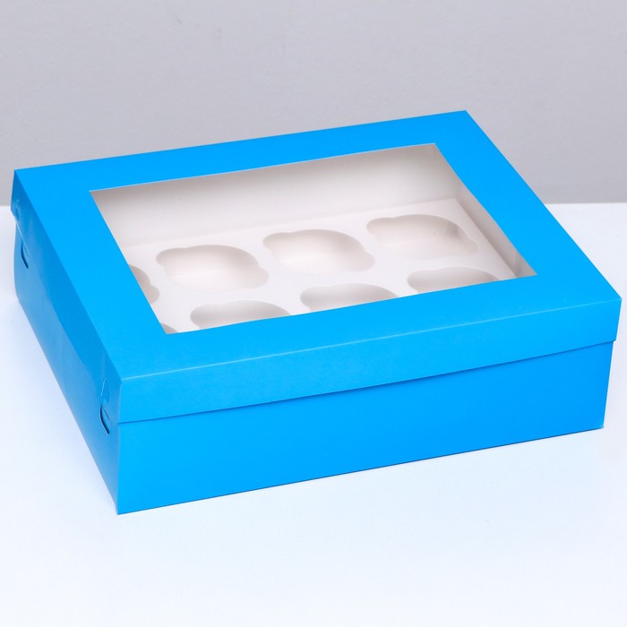 Упаковка под 12 капкейков с окном, голубая, 32,5 х 25,5 х 10 см - Фото 1