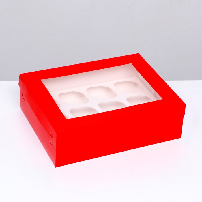 Упаковка под 12 капкейков с окном, крсная, 32,5 х 25,5 х 10 см - Фото 1