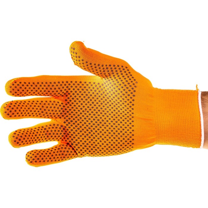 Перчатки нейлоновые садовые, вязка класс 13, с ПВХ точками, размер 10, оранжевые - Фото 1