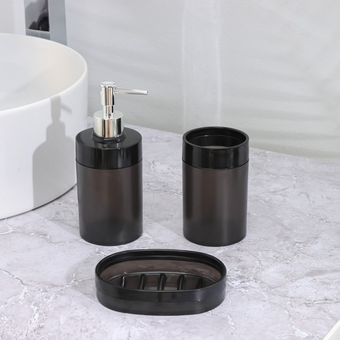 Набор для ванной комнаты 3 предмета: стакан для зубных щёток, дозатор, мыльница, цвет чёрный - фото 1906383936