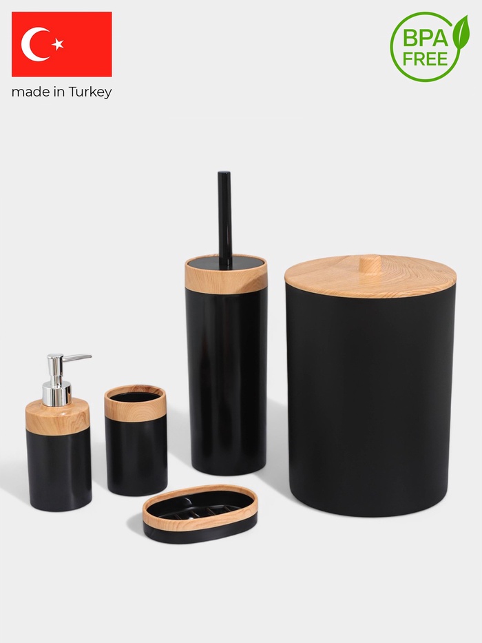 Набор для ванной комнаты BARONESS, 5 предметов, ведро для мусора, ёрш с подставкой, мыльница, дозатор, стакан, чёрный - Фото 1