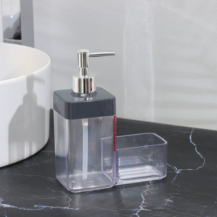 Дозатор для мыла с подставкой, 15,5×7,3×19 см, цвет прозрачный/серый - Фото 1
