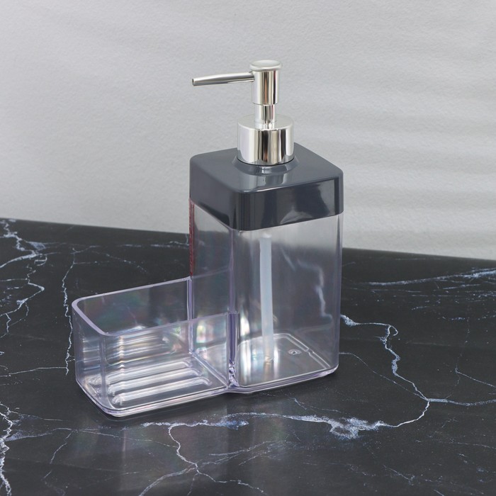 Дозатор для мыла с подставкой, 15,5×7,3×19 см, цвет прозрачный/серый - фото 1909294546