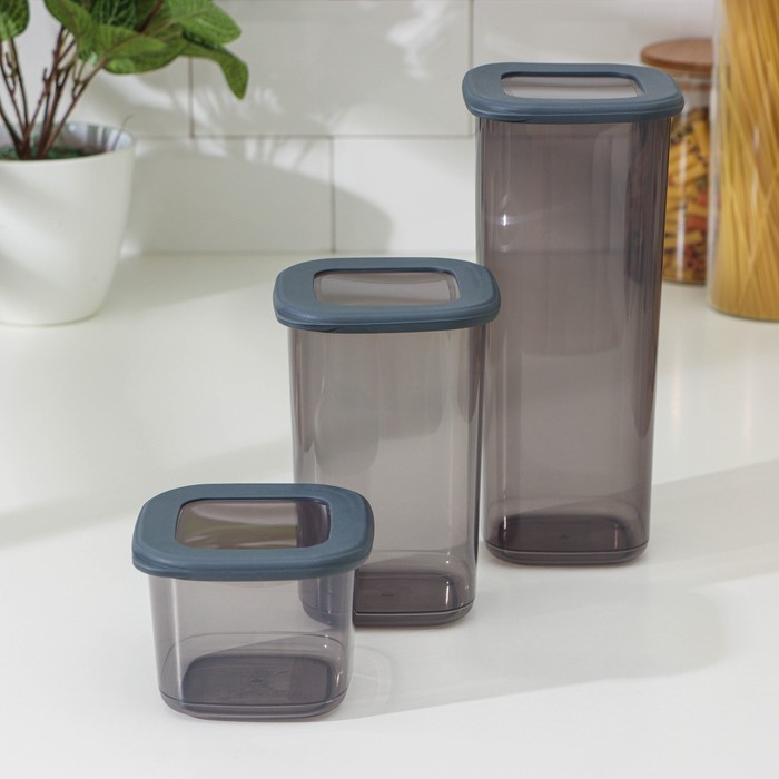 Банки для сыпучих с вакуумной крышкой FOLYlife, набор 3 шт., 550 мл, 1.2 л, 1.75 л, пластик, серые - Фото 1