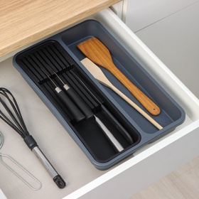 Лоток для столовых приборов и ножей FOLYlife, 40×26×5.1 см, 2 отделения, пластик, серый, чёрный