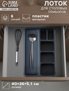 Лоток для столовых приборов FOLYlife, 40×26×5.1 см, 6 отделений, пластик, серый, чёрный - Фото 1