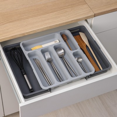 Лоток для столовых приборов BARONESS, раздвижной, 31×35.5×5.5 см, 5 отделений, пластик, серый