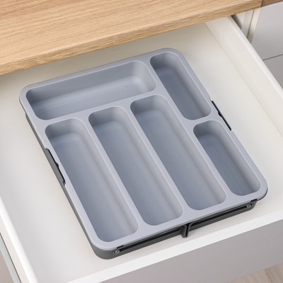 Лоток для столовых приборов BARONESS, раздвижной, 31×35.5×5.5 см, 5 отделений, пластик, серый