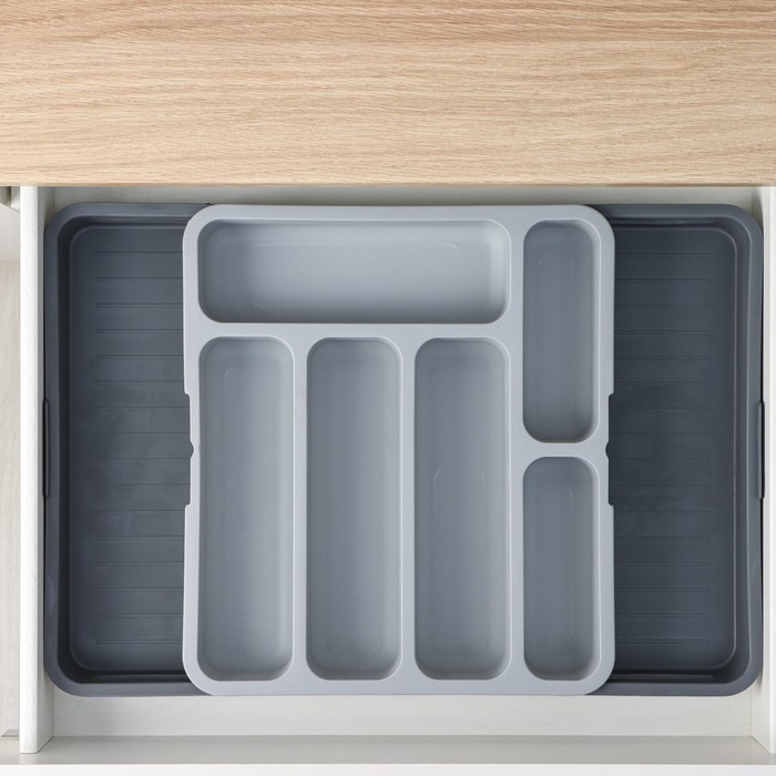 Лоток для столовых приборов, раздвижной, 31×35,5×5,5 см, 5 отделений, цвет серый - фото 1928283345