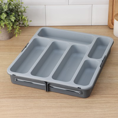 Лоток для столовых приборов BARONESS, раздвижной, 31×35.5×5.5 см, 5 отделений, пластик, серый