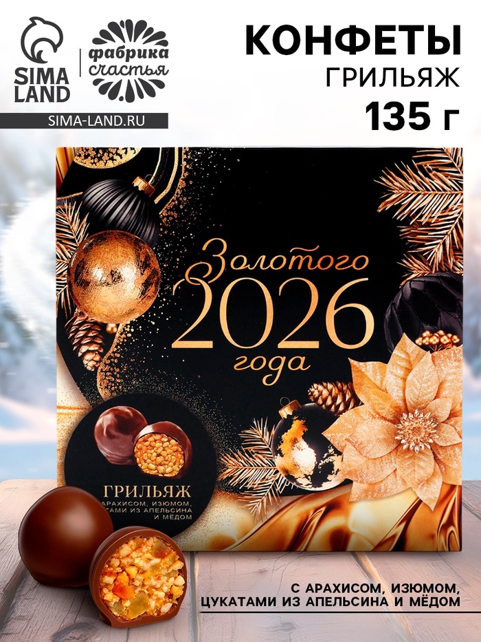 Конфеты шоколадные грильяж «Новый год 2026» с арахисом, изюмом, цукатами из апельсина и мёдом, в коробке, 135 г - Фото 1