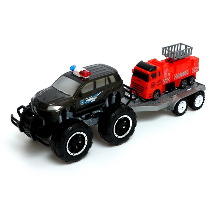 Машина инерционная «Джип», с прицепом и пожарной машиной, цвет МИКС, в пакете - Фото 1