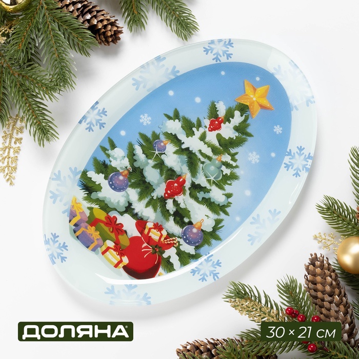Блюдо новогоднее стеклянное овальное Доляна «Зимняя сказка», 30×21 см - Фото 1