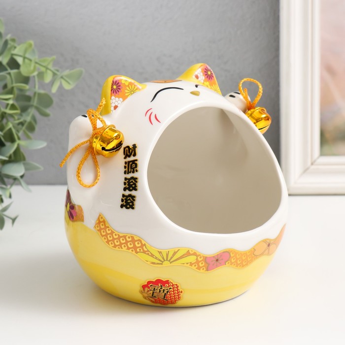 Сувенир керамика "Желтый кот Манэки-нэко с колокольчиками" 12,5х16,5х14 см