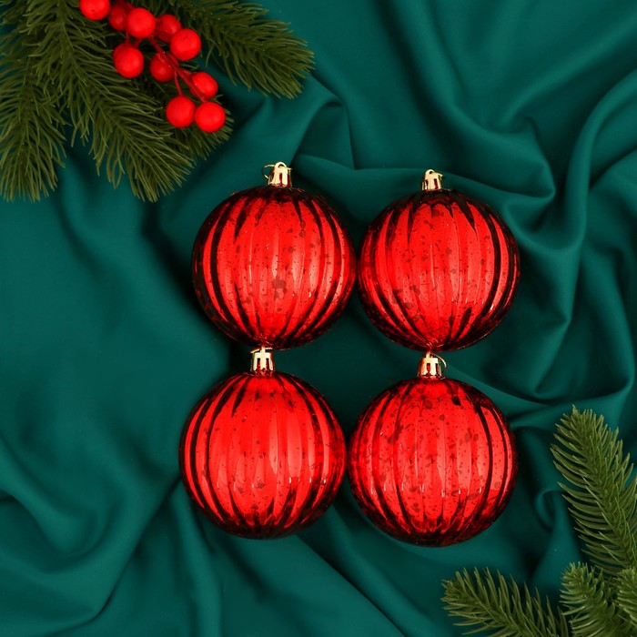 Ёлочные игрушки «Винтаж», шары новогодние, d=8 см, набор 4 шт., полосы, красный - Фото 1