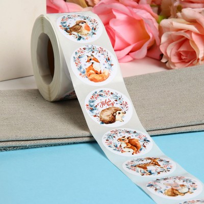 Наклейки в рулоне новогодние «Зверята», для декора и подарков, 500 шт., 3.8×3.8 см