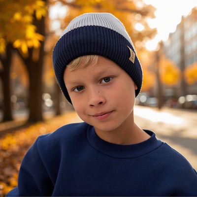 Шапка для мальчика MINAKU: Hello, winter, размер 52-54 (5-7 лет), синяя, серая