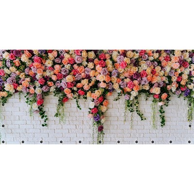 Фотосетка, 314 × 155 см, с фотопечатью, люверсы шаг 0.3 м, «Розы на белой кирпичной стене»