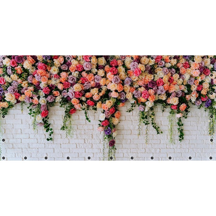 Фотосетка, 314 × 155 см, с фотопечатью, люверсы шаг 0.3 м, «Розы на белой кирпичной стене» - Фото 1