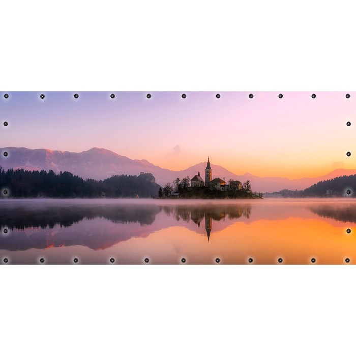 Фотосетка, 314 × 155 см, с фотопечатью, люверсы шаг 0.3 м, «Рассвет на озере»