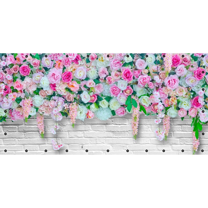 Фотосетка, 314 × 155 см, с фотопечатью, люверсы шаг 0.3 м, «Розы на белой кирпичной стене» - фото 1909295901