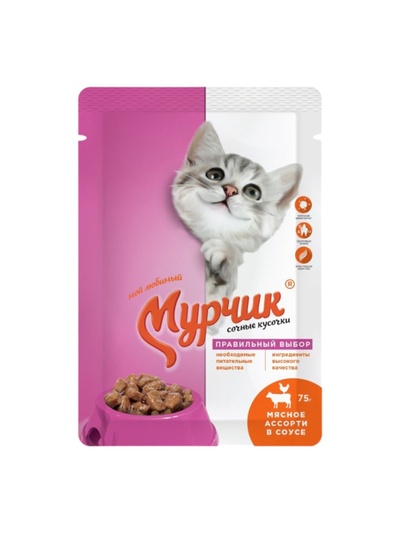 Консервированный корм Мурчик для кошек, мясное ассорти в соусе, 75 г