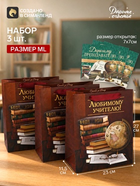 Пакеты подарочные с открыткой «Дорогому преподавателю», 23×27×11.5 см, набор 3 шт.