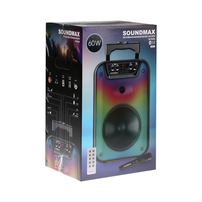 Портативная колонка Soundmax SM-PS4303, 60Вт, 2400мАч, FM, BT, microSD, USB, AUX, подсветка - фото 51330283