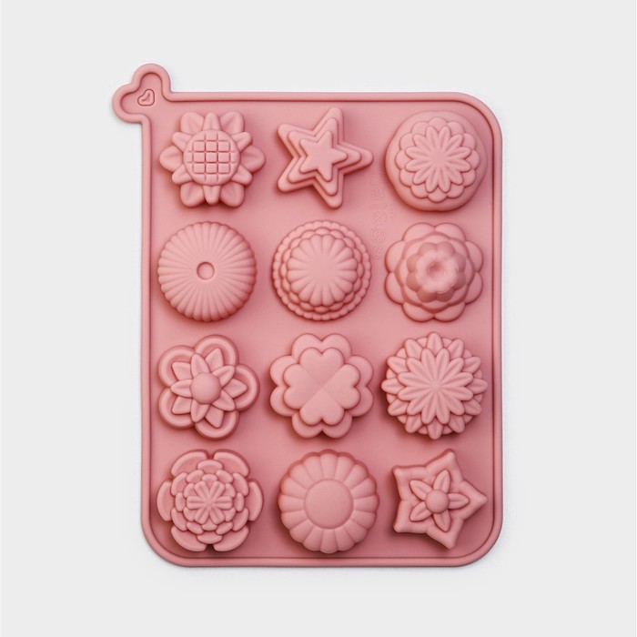 Форма силиконовая для выпечки Доляна «Цветы», 12 ячеек, 20,5×15,6×2 см, цвет розовый