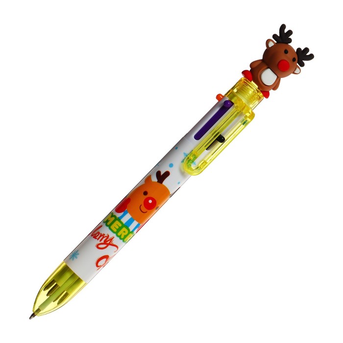 Ручка шариковая автоматическая, 6-ти цветная, Новый год МИКС