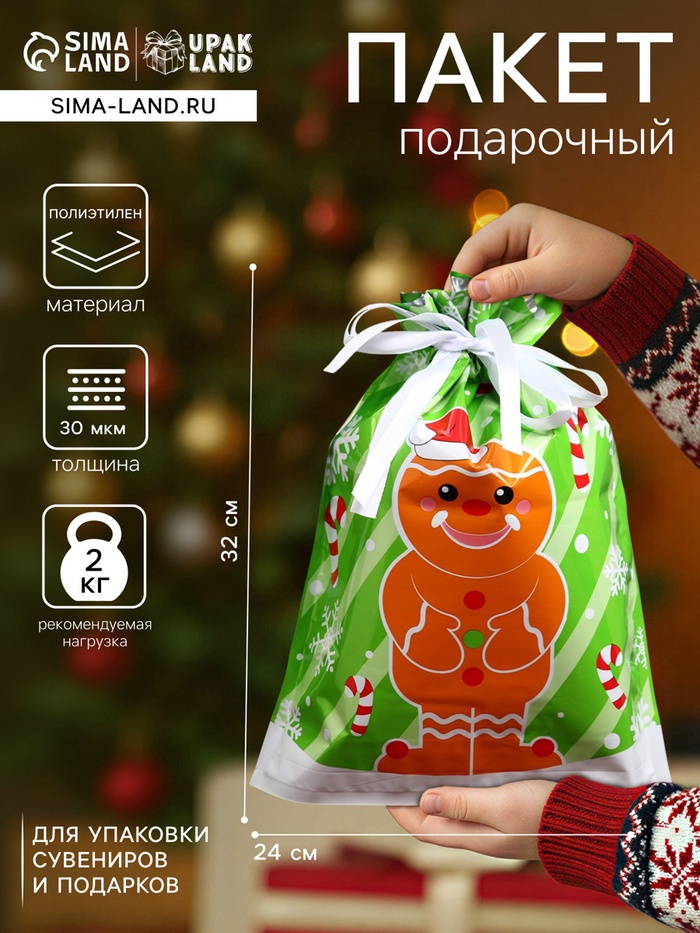 Пакет подарочный новогодний с завязками, «Пряничный человек», 24×32 см - Фото 1