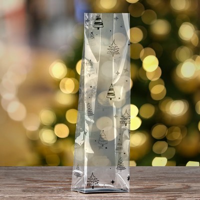 Пакет подарочный новогодний с жёстким дном, прозрачный с ёлками, 6×8×30 см