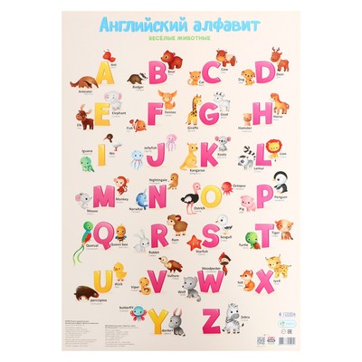 Плакат дидактический «Английский алфавит. Весёлые животные», 45 × 64 см