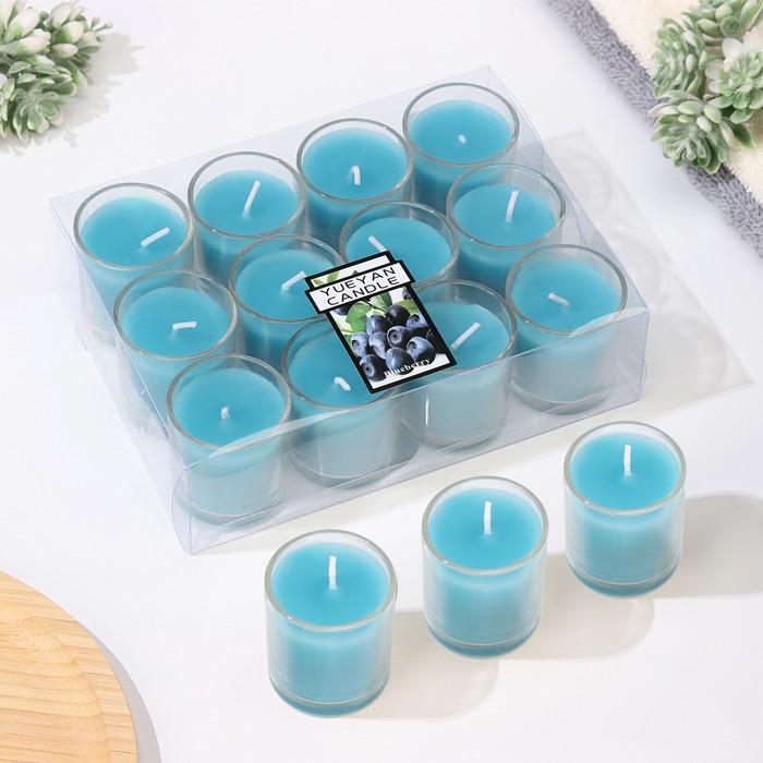 Набор свечей ароматических в стакане &quot;Черника&quot;, 12 шт, голубые, 4,5х5 см