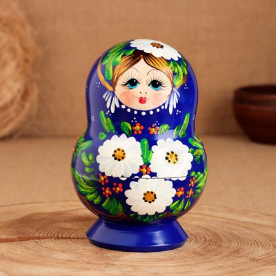 Матрёшка деревянная «Белые цветы», синее платье, 10 кукольная, 12 см