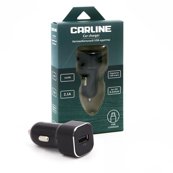 Адаптер автомобильный CARLINE® 1хUSB 2.1А в прикуриватель 12/24В, цвет черный - фото 51465943