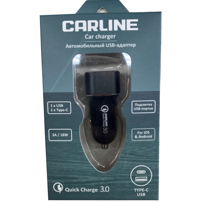 Адаптер автомобильный CARLINE® 2хUSB, USB QC 3.0 + PD TypeC, в прикуриватель 12/24В, черный   100247 - Фото 1