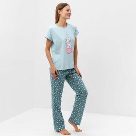 Комплект домашний женский "Котята" (футболка/брюки), цвет голубой, размер 52