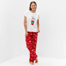 Комплект домашний женский "Котенок в стакане" (футболка/брюки), цвет белый/красный, размер 46