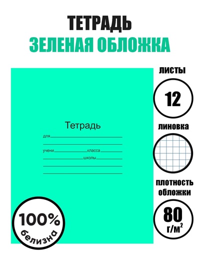 Тетрадь 12 листов в клетку «Зелёная обложка», плотность 60 г/м²