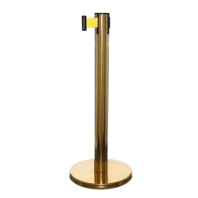 Стойка ограждения золотая, с жёлтой вытяжной лентой 470 см, высота 90 см, d=11 см, напольный d=35 см