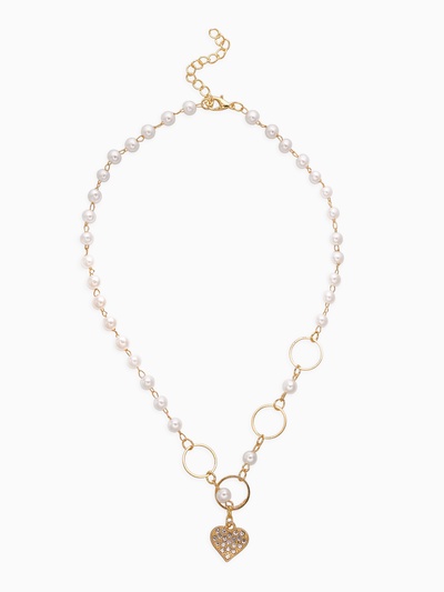 Колье с жемчугом «Сердце», в круглых звеньях, d=0.6 см, белое в золоте, 36 см