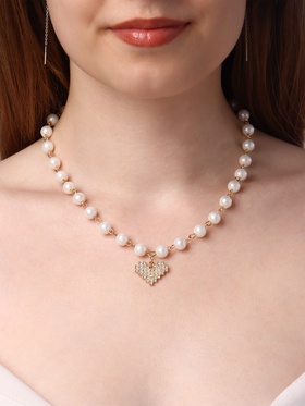 Колье с жемчугом «Сердце» квадратное, шар №6, белое в золоте, L=40 см