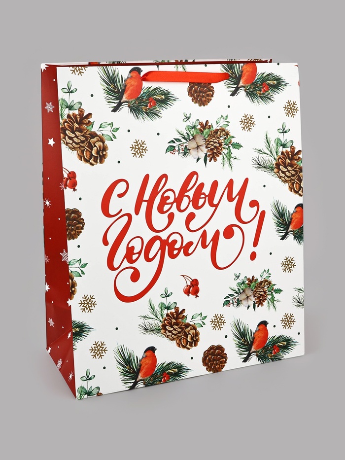 Пакет подарочный новогодний ламинированный горизонтальный «Снегири», 49×40×19 см - Фото 1