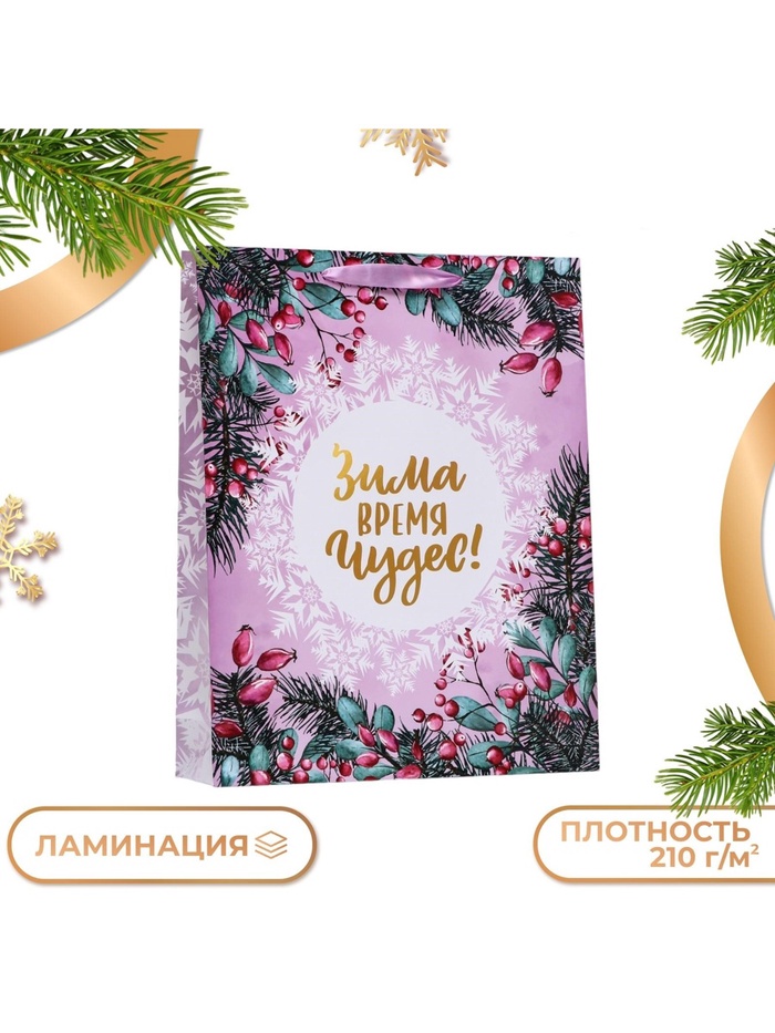 Пакет подарочный новогодний ламинированный вертикальный «Зима время чудес!», 33×42×10 см - Фото 1