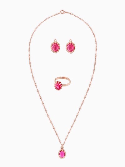 Гарнитур 3 предмета: серьги, кулон, кольцо безразмерное «Эдель» овал, цвет ярко-розовый в золоте, 45 см