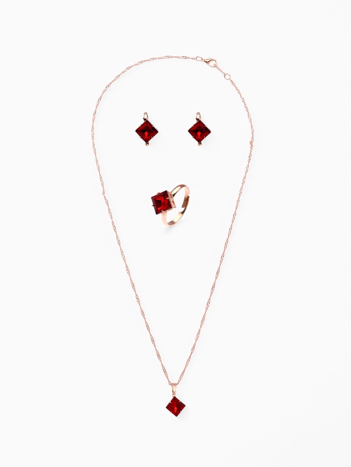 Гарнитур 3 предмета: серьги, кулон, кольцо безразмерное «Эдель» ромб, цвет бордовый в золоте, 45 см - Фото 1