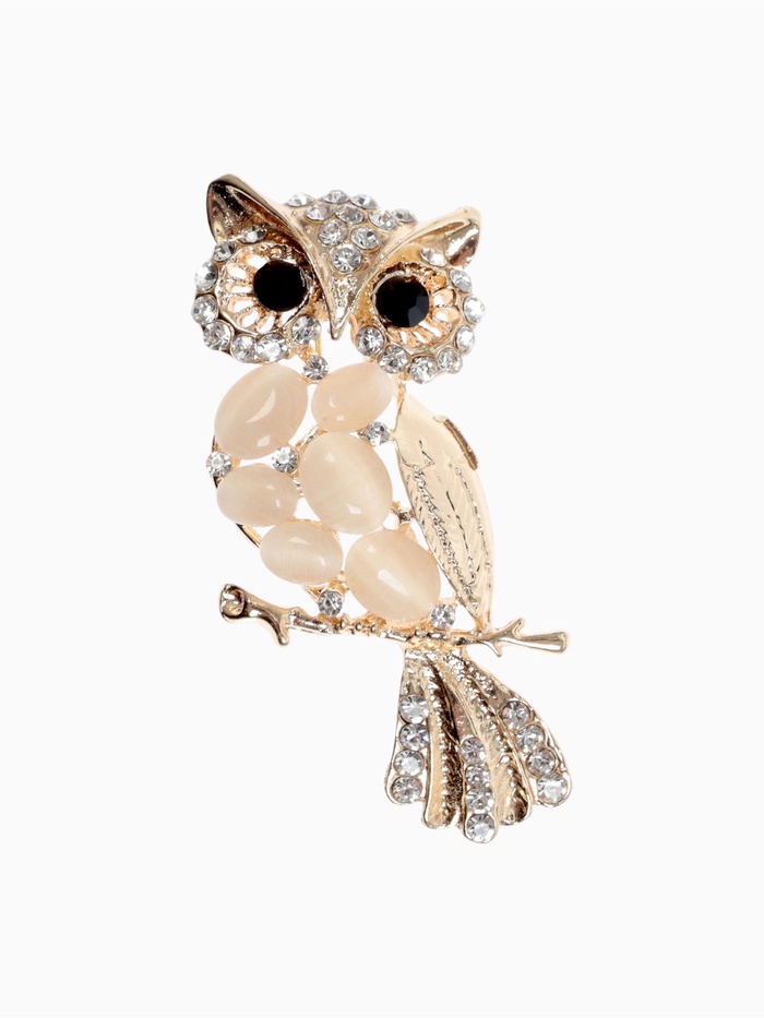 Брошь «Сова», белая в золоте - Фото 1