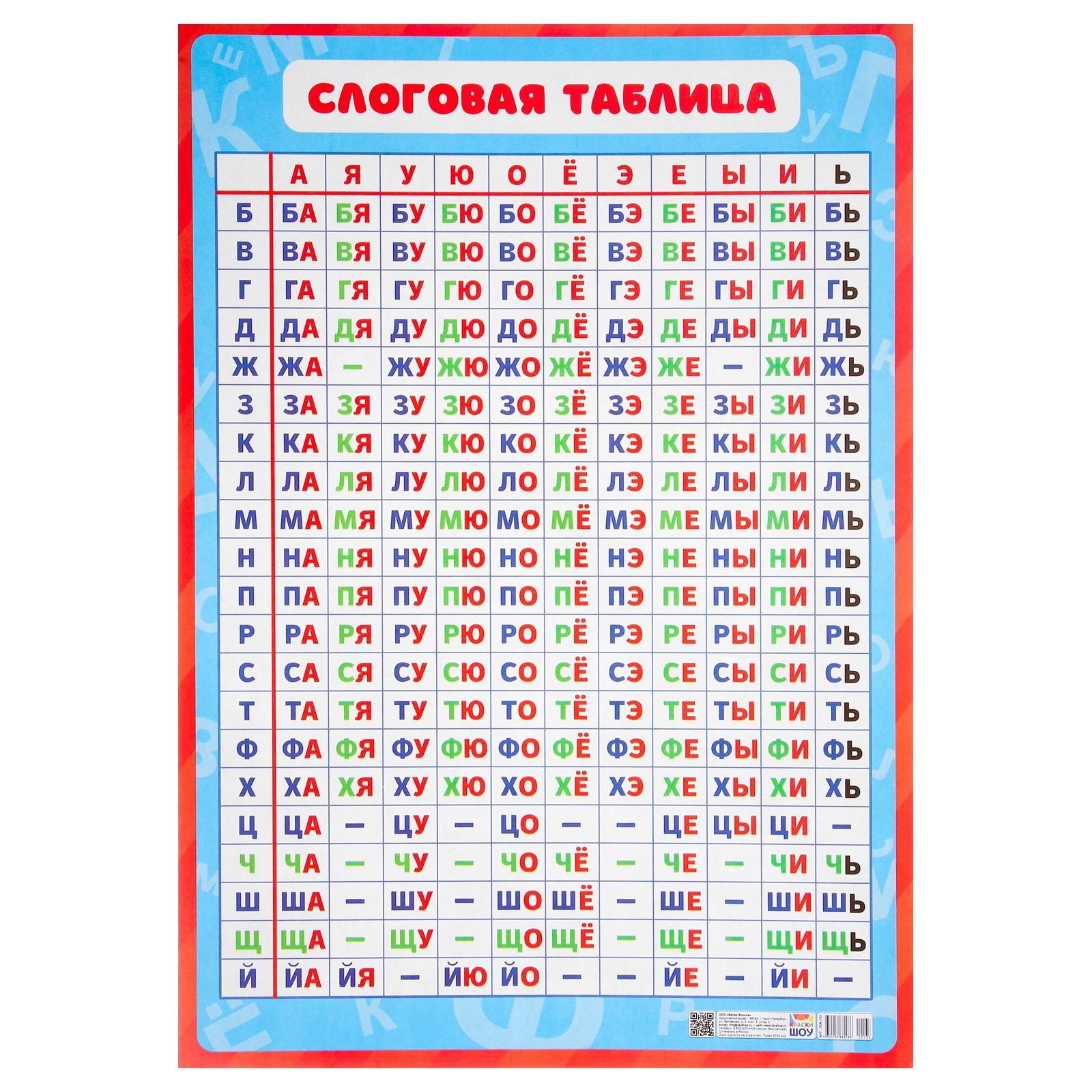 Плакат "Слоговая таблица" картон, А2 (9937382) - Купить по цене от 55. ...